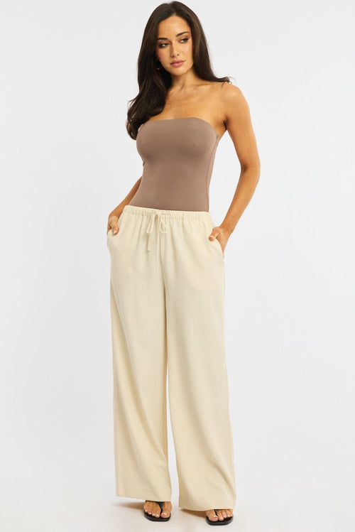 Beige Wide Leg Pants Elasticated Waist