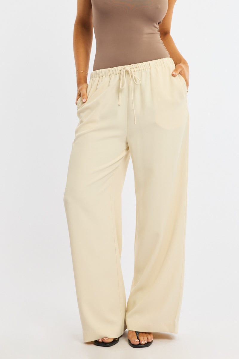 Beige Wide Leg Pants Elasticated Waist