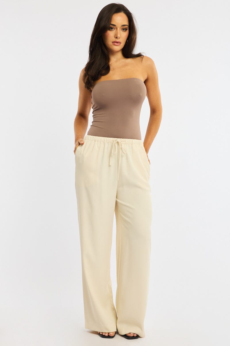 Beige Wide Leg Pants Elasticated Waist