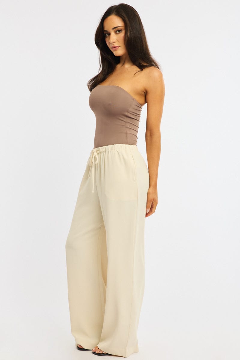 Beige Wide Leg Pants Elasticated Waist