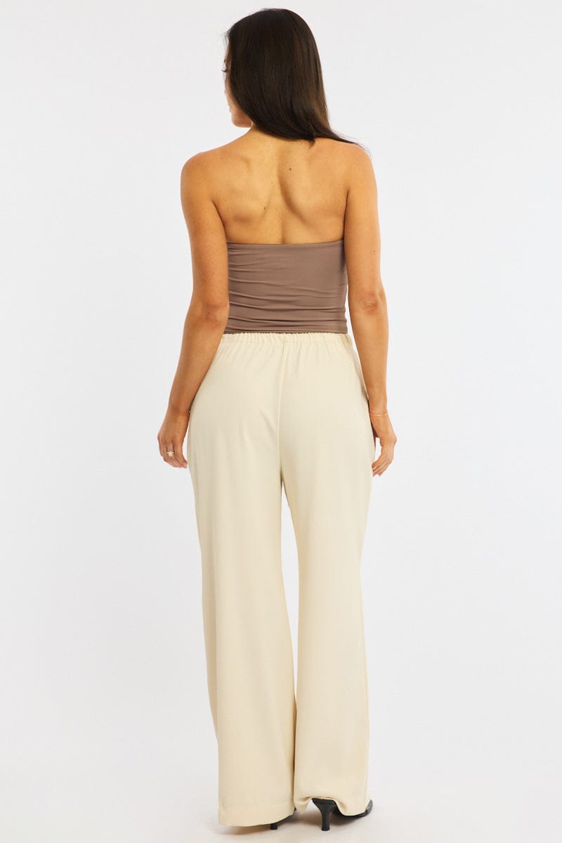 Beige Wide Leg Pants Elasticated Waist