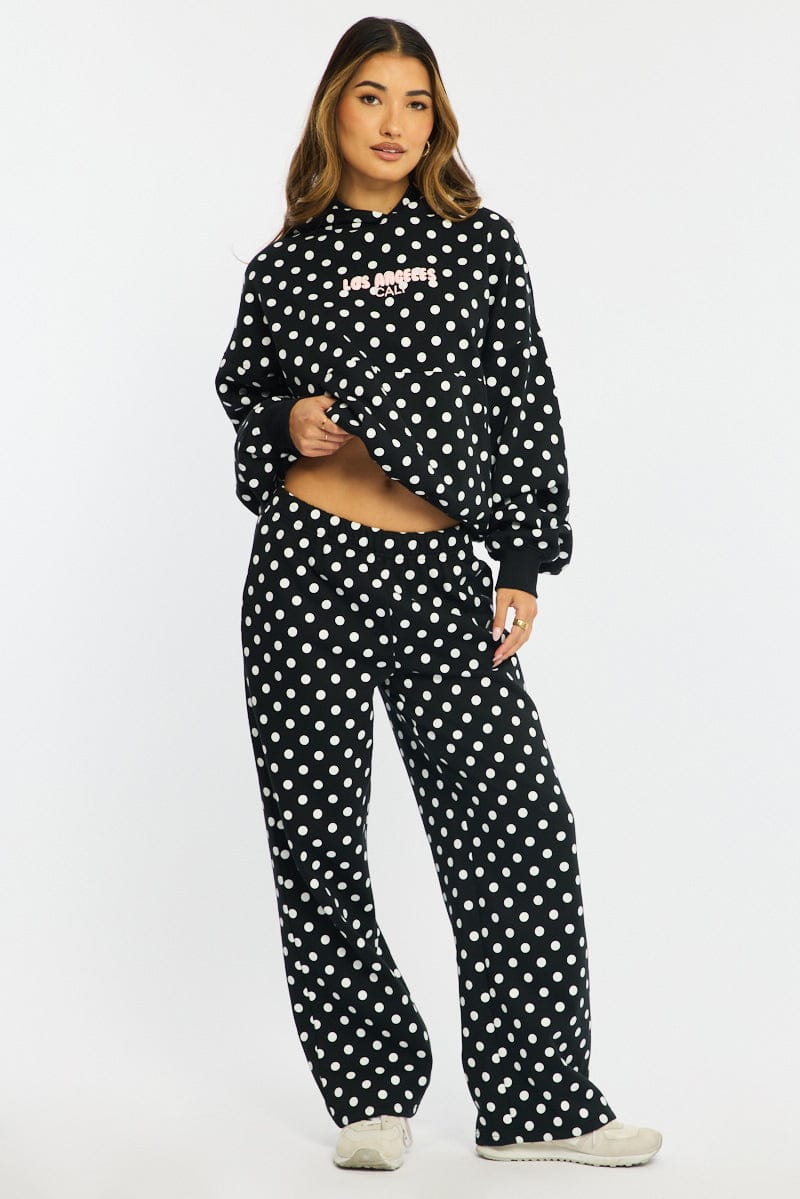 Black Polka Dot Track Pants Wide Leg