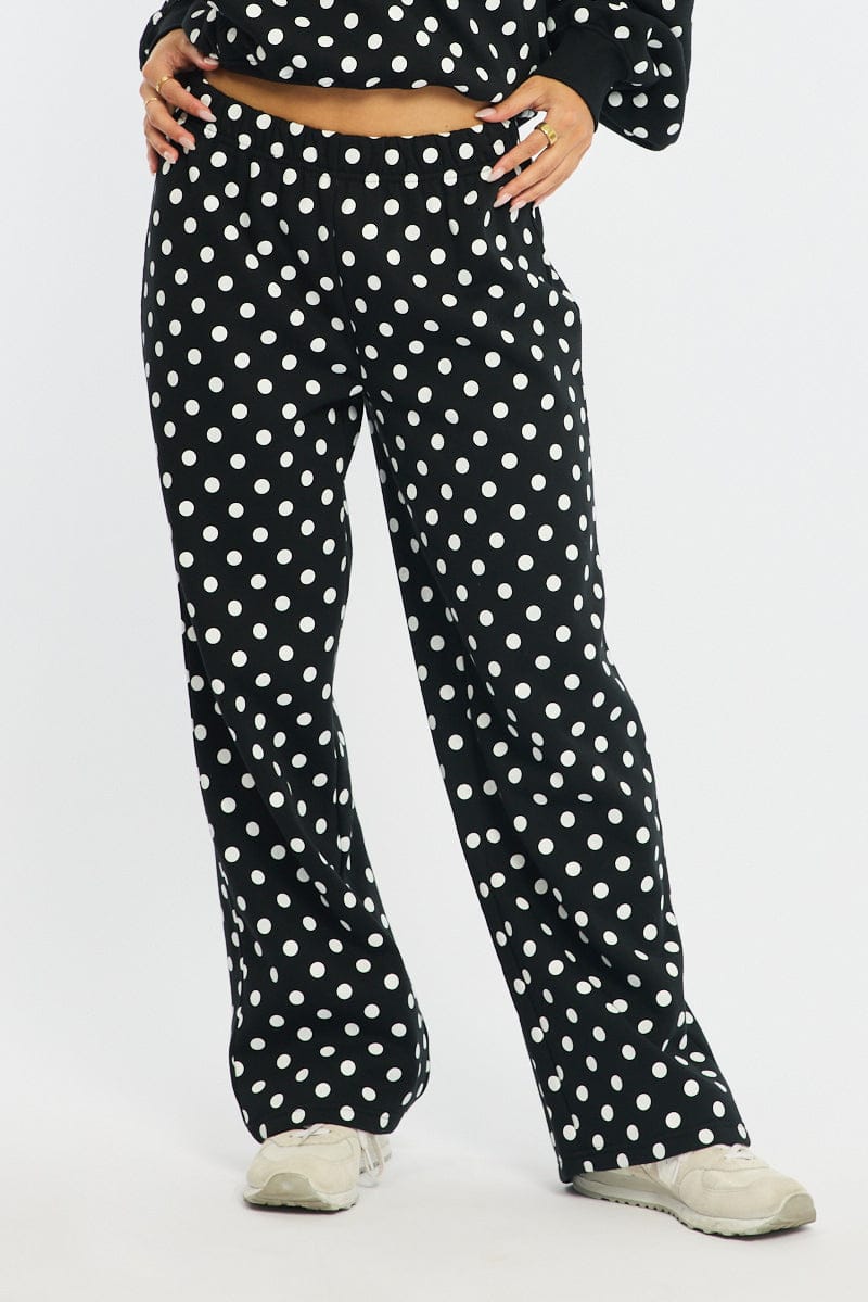 Black Polka Dot Track Pants Wide Leg