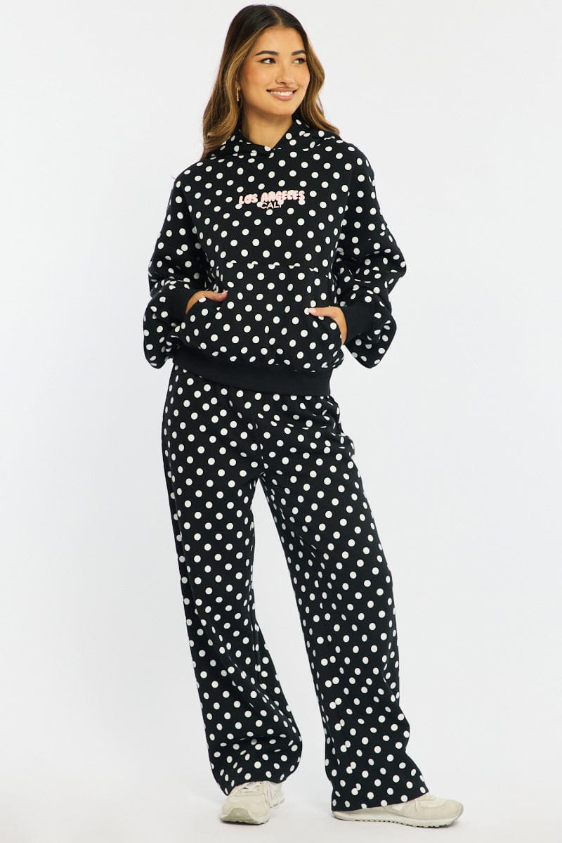 Black Polka Dot Track Pants Wide Leg
