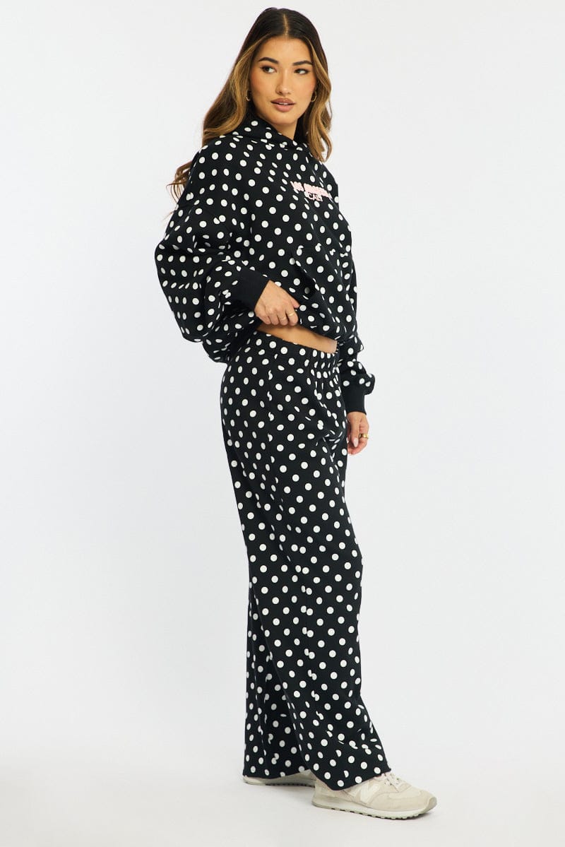 Black Polka Dot Track Pants Wide Leg