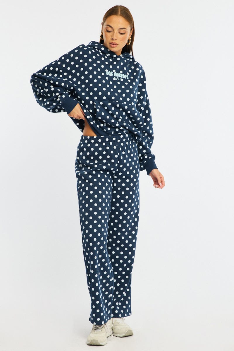 Blue Polka Dot Track Pants Wide Leg