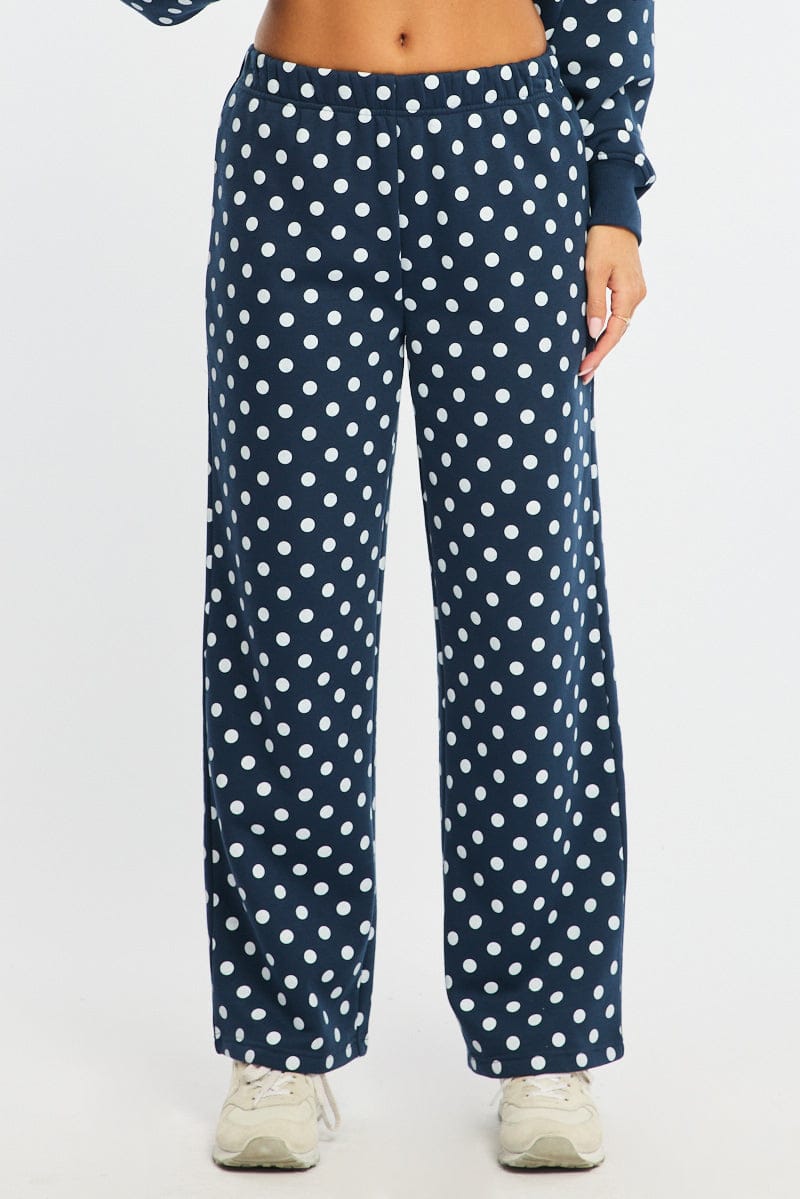 Blue Polka Dot Track Pants Wide Leg
