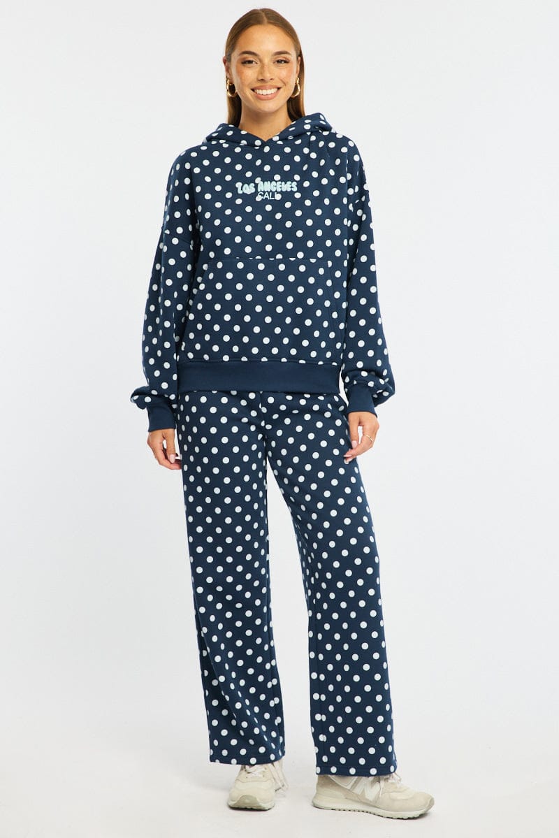 Blue Polka Dot Track Pants Wide Leg