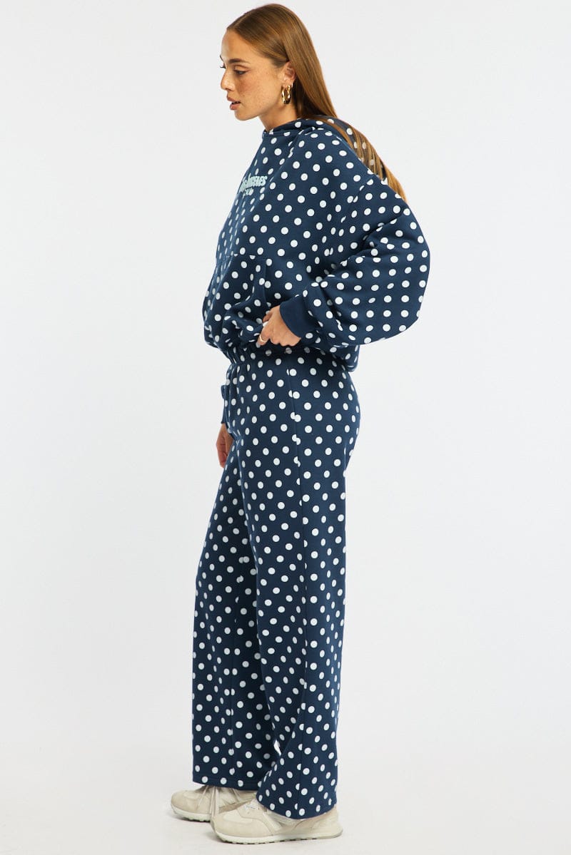 Blue Polka Dot Track Pants Wide Leg