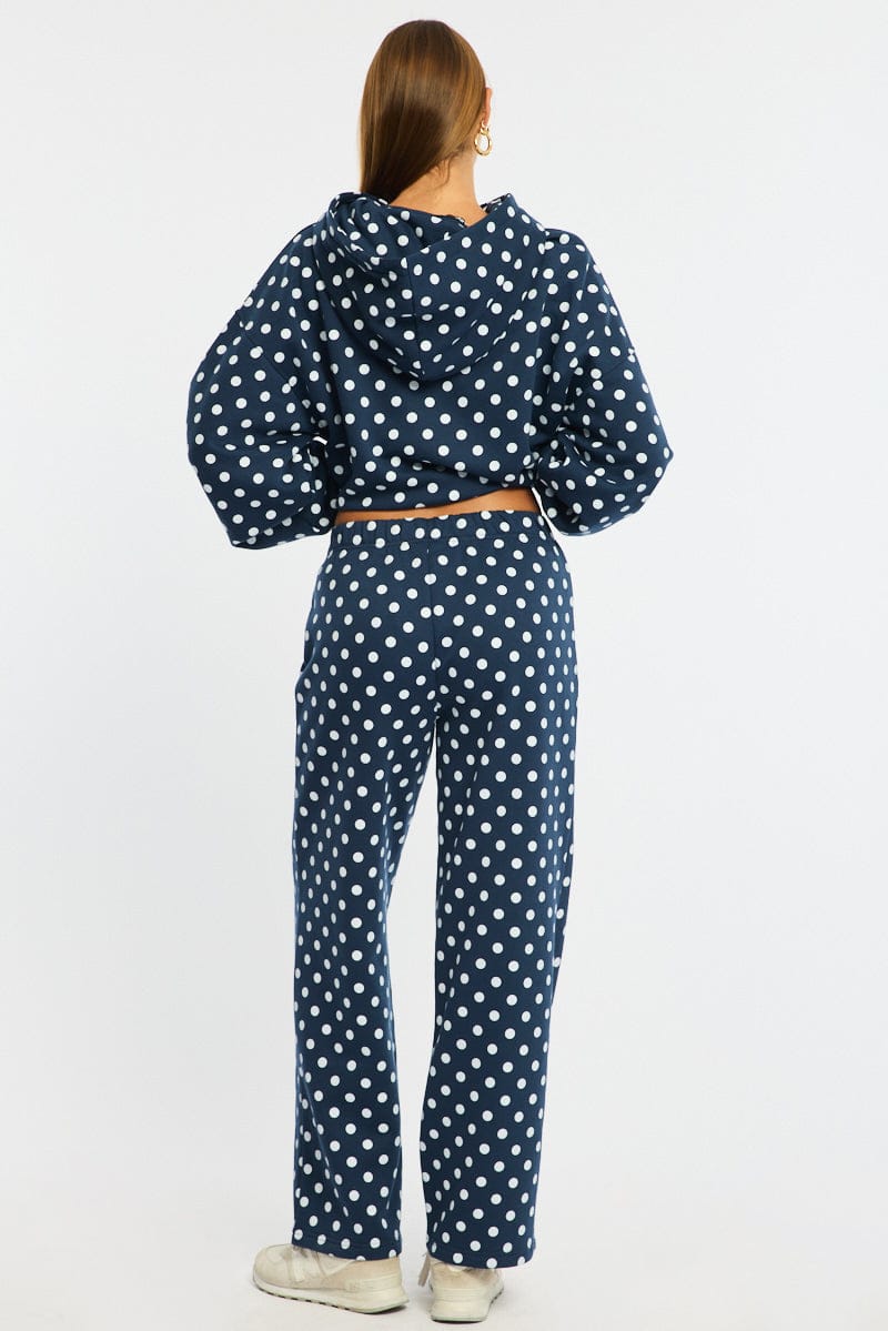 Blue Polka Dot Track Pants Wide Leg