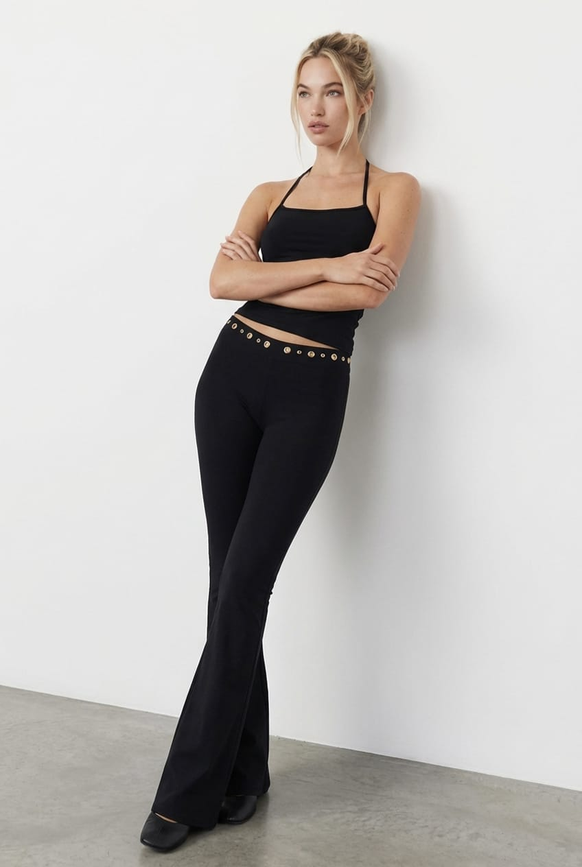 Black Flare Leg Pants Stud Waist