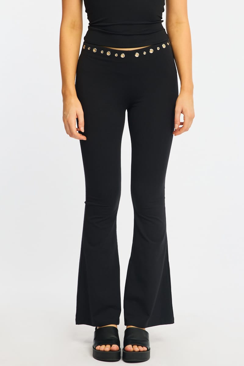 Black Flare Leg Pants Stud Waist