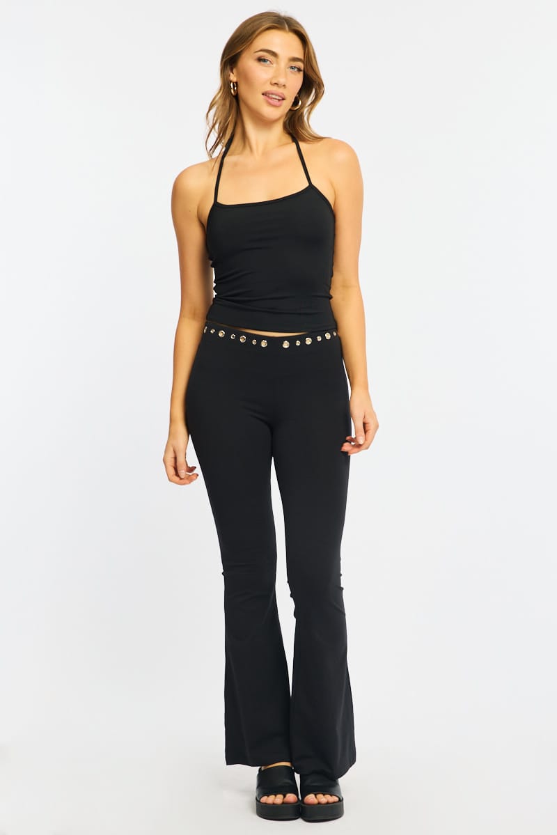 Black Flare Leg Pants Stud Waist