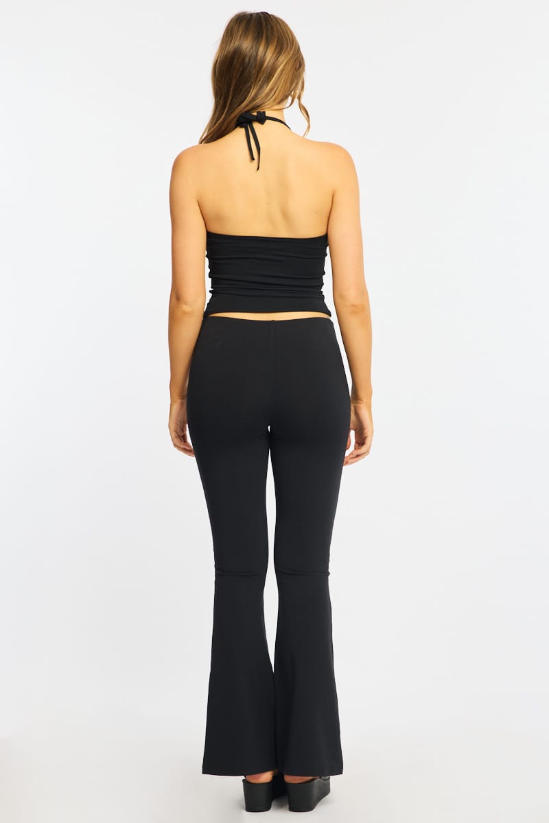 Black Flare Leg Pants Stud Waist