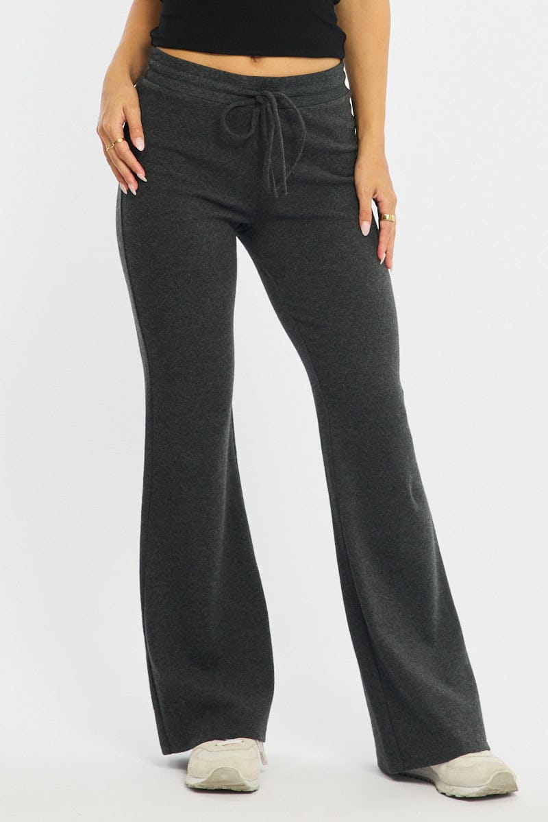 Grey Flare Leg Pants Mid Rise