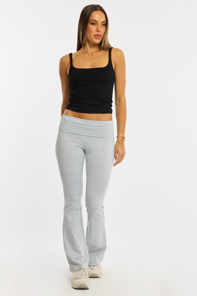 Grey Flare Leg Pants Folded Waist