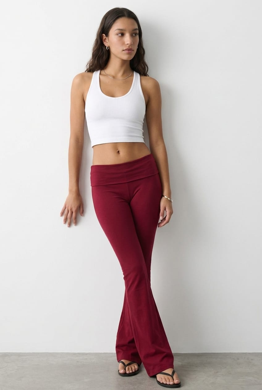 Red Flare Leg Pants Folded Waist