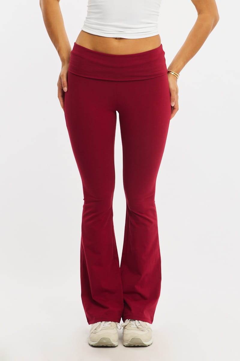 Red Flare Leg Pants Folded Waist