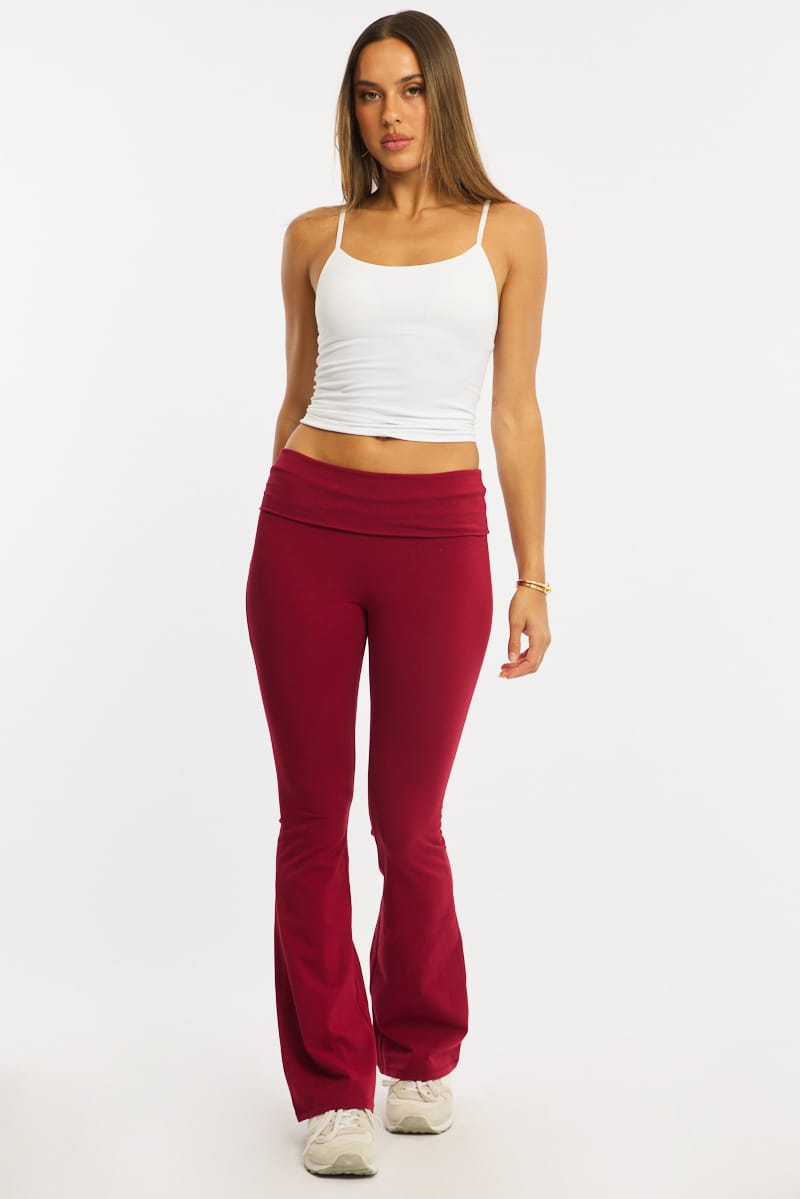 Red Flare Leg Pants Folded Waist