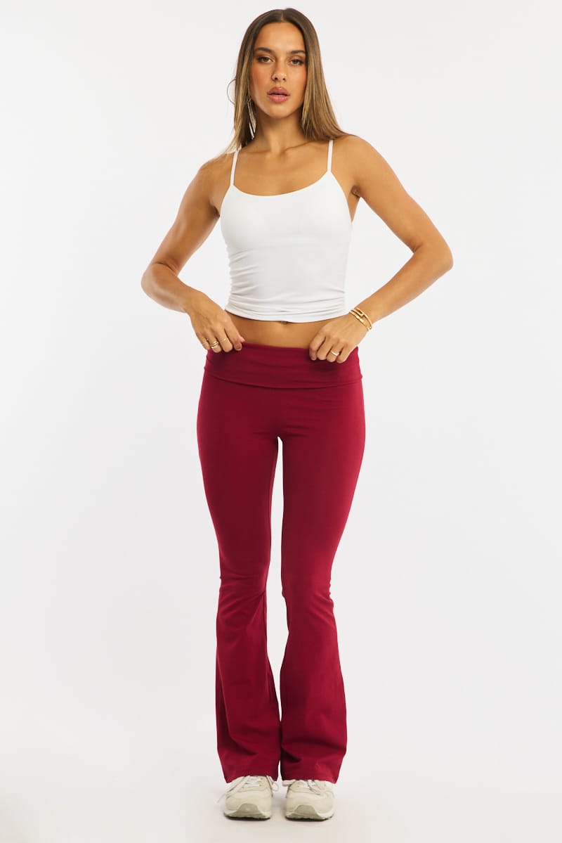 Red Flare Leg Pants Folded Waist