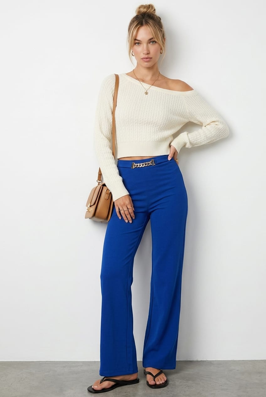 Blue High Waist Pant Straight Leg Chain Belt