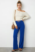 Blue High Waist Pant Straight Leg Chain Belt
