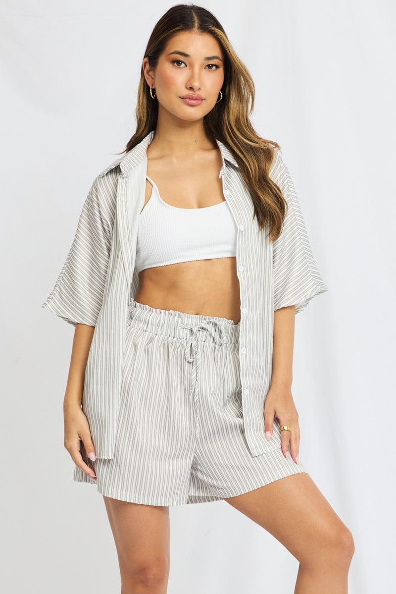 Grey Stripe Beach Set Shirt And Shorts