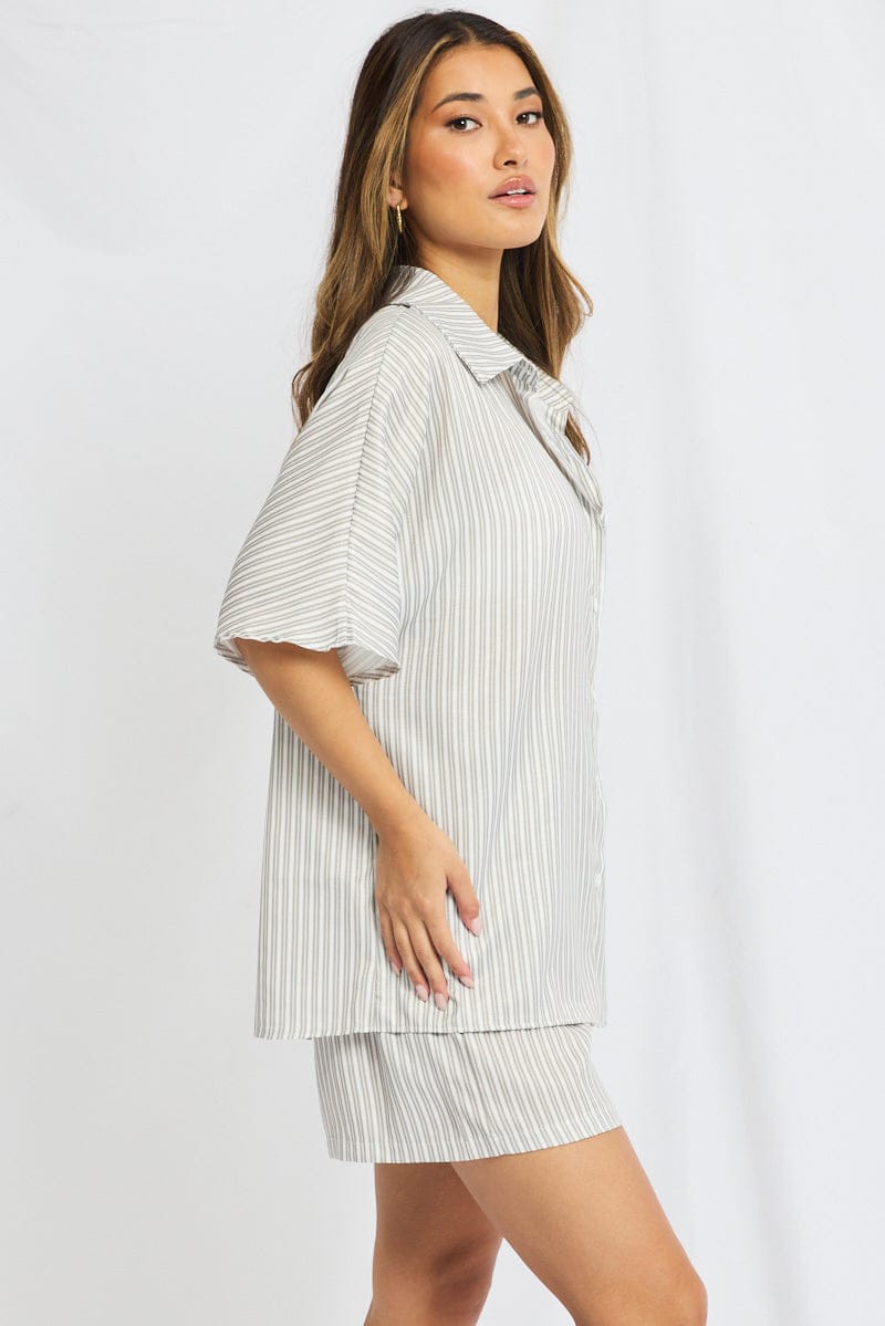 Grey Stripe Beach Set Shirt And Shorts