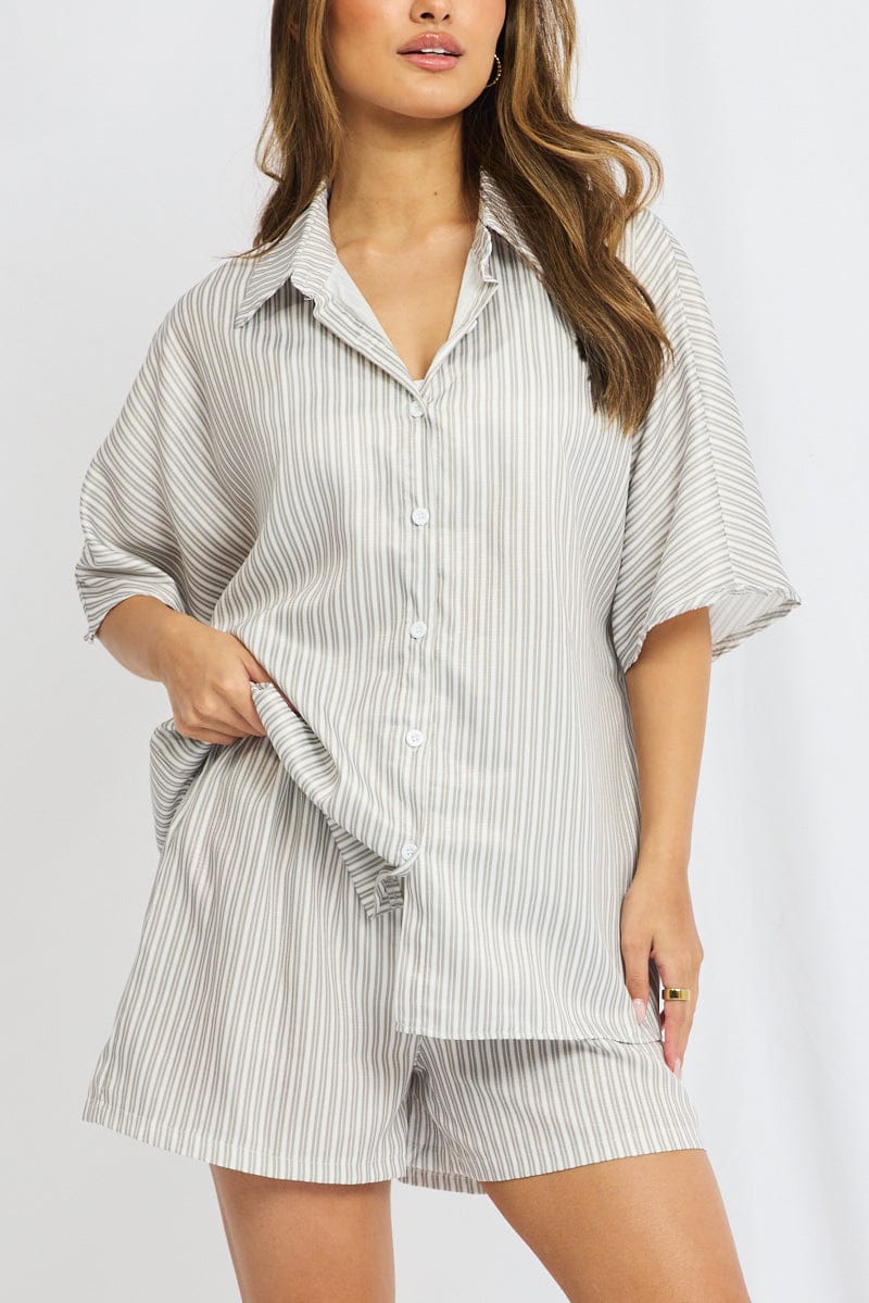 Grey Stripe Beach Set Shirt And Shorts