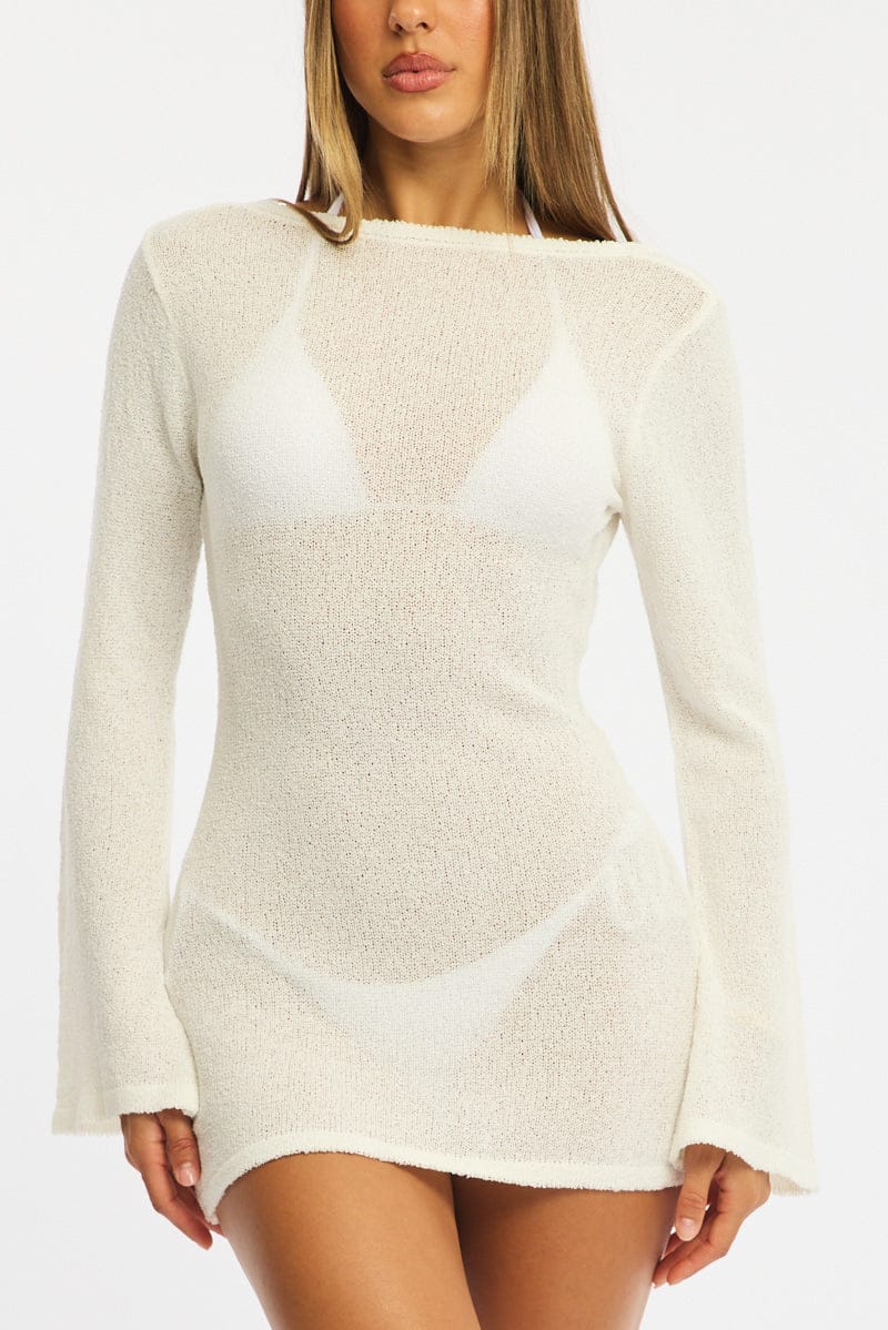 White Deep Plunge Mini Beach Dress
