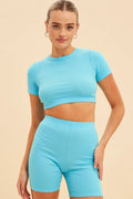 Blue Prea Rib Crew Neck Short Sleeve Crop
