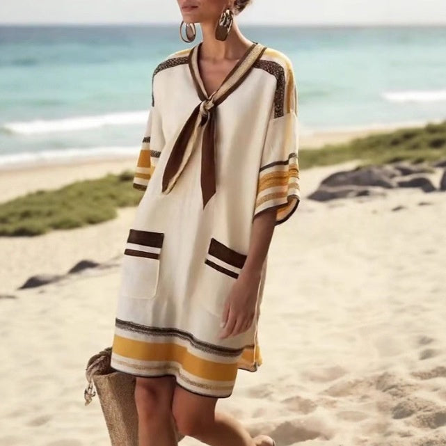 Lace-Up V-Neck Striped Print Short-Sleeve A-Line Skirt