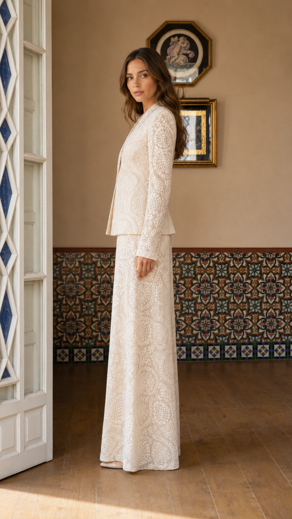 Elegant Lace Blazer & Wide Leg Pants Set