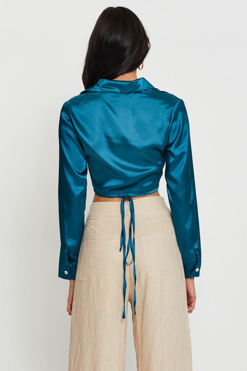 Blue Wrap Blouse Long Sleeve Collared Satin