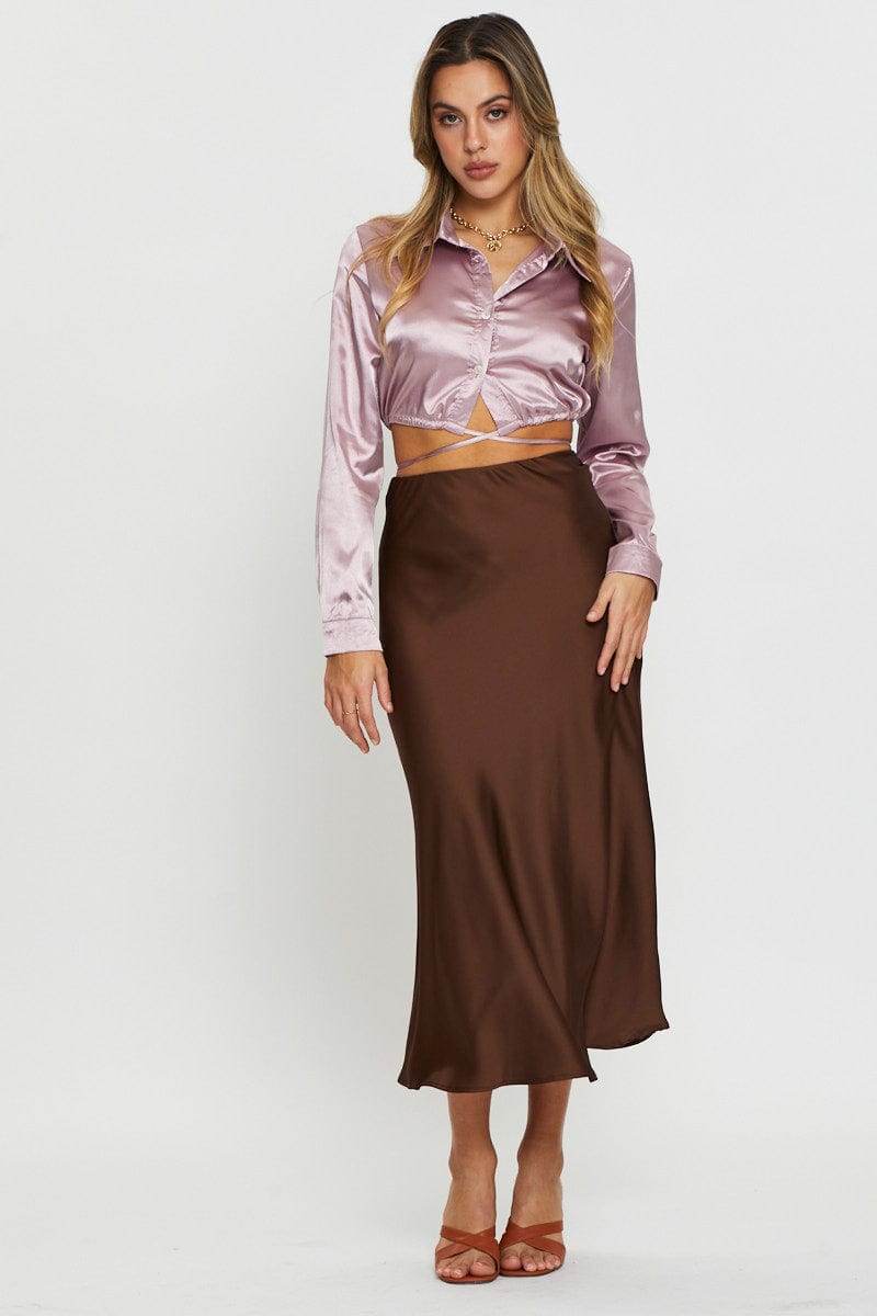 Pink Wrap Blouse Long Sleeve Collared Satin