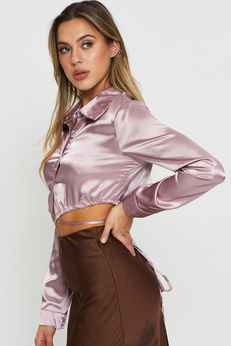 Pink Wrap Blouse Long Sleeve Collared Satin