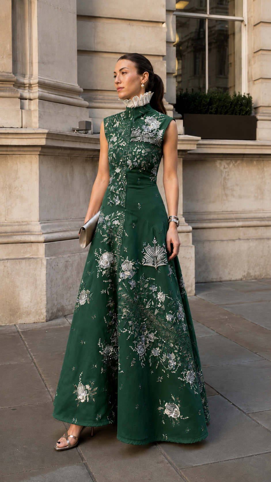 Embroidered Stand Collar Sleeveless Maxi Dress