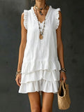 Casual V-Neck Ruffle-Trim Sleeveless Dress