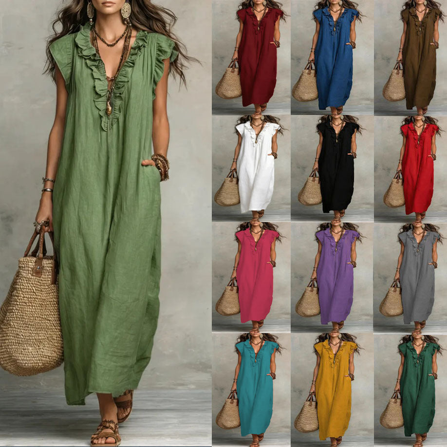 Bohemian Floor-Length Maxi Dress With Flutter Sleeves