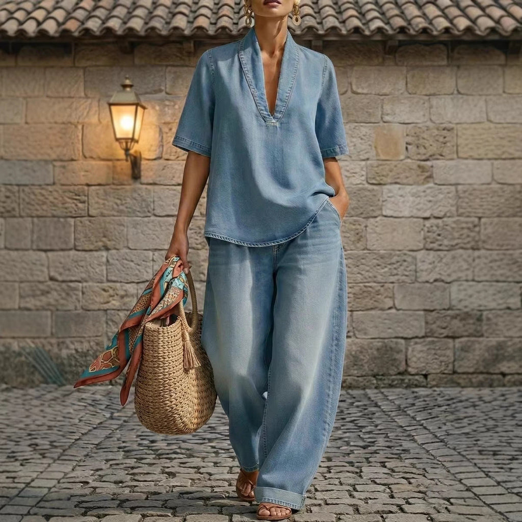 Retro V-Neck Denim Set Loose Half-Sleeve Top And Wide-Leg Pants Two-Piece