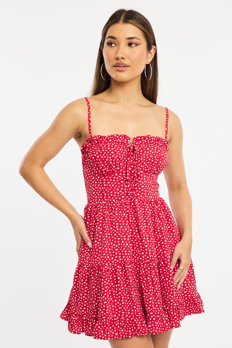 Red Ditsy Fit And Flare Dress Mini