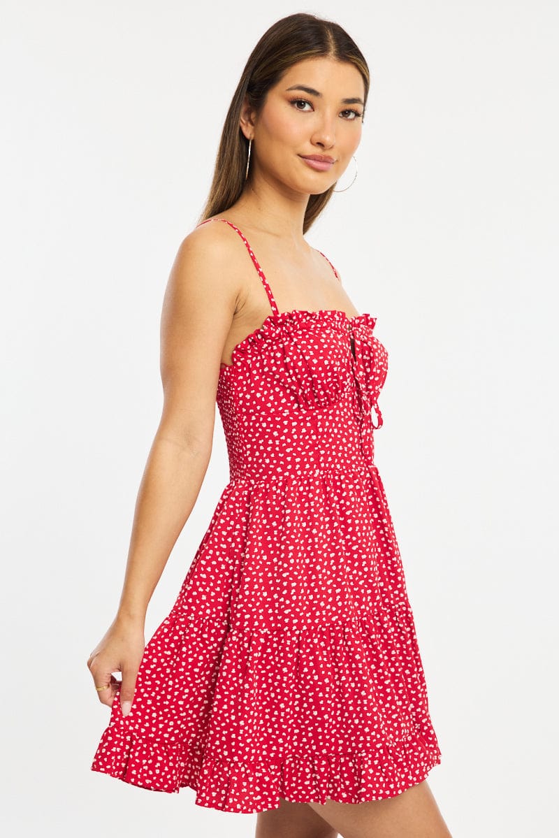 Red Ditsy Fit And Flare Dress Mini