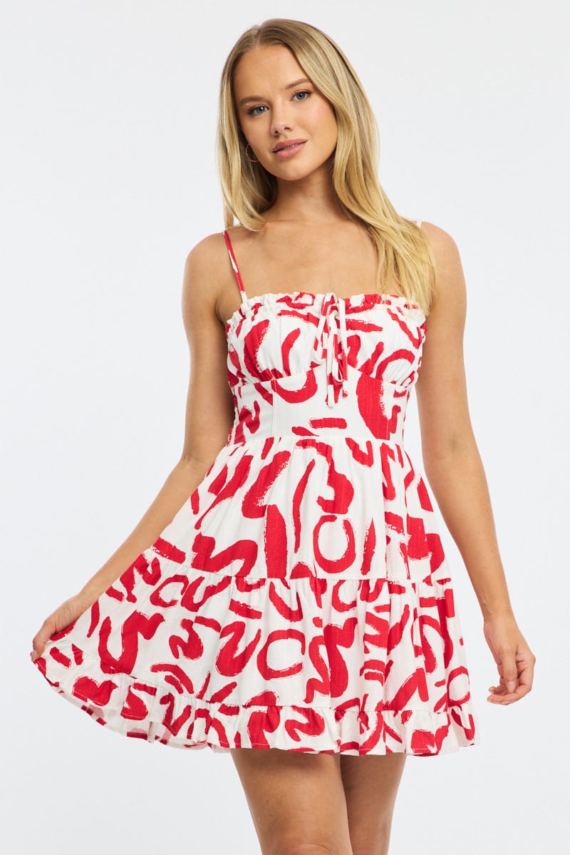 Red Abstract Fit And Flare Dress Mini