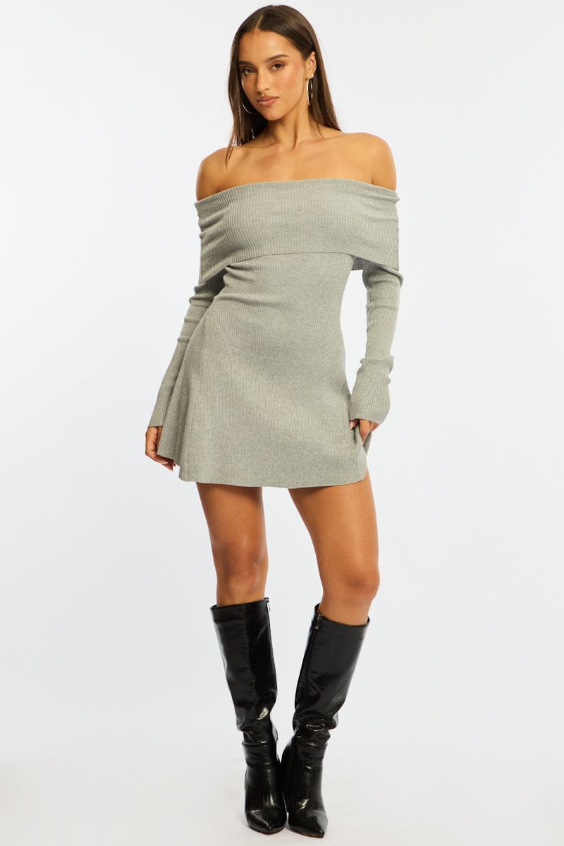 Grey Knit Dress Long Sleeve Off Shoulder