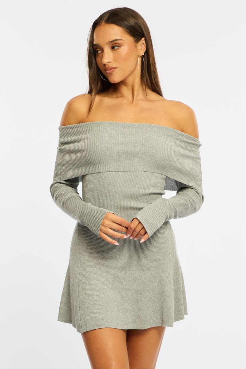 Grey Knit Dress Long Sleeve Off Shoulder