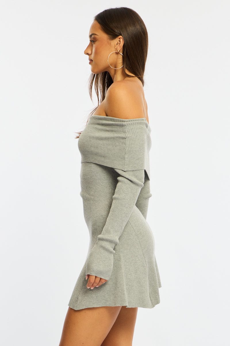 Grey Knit Dress Long Sleeve Off Shoulder