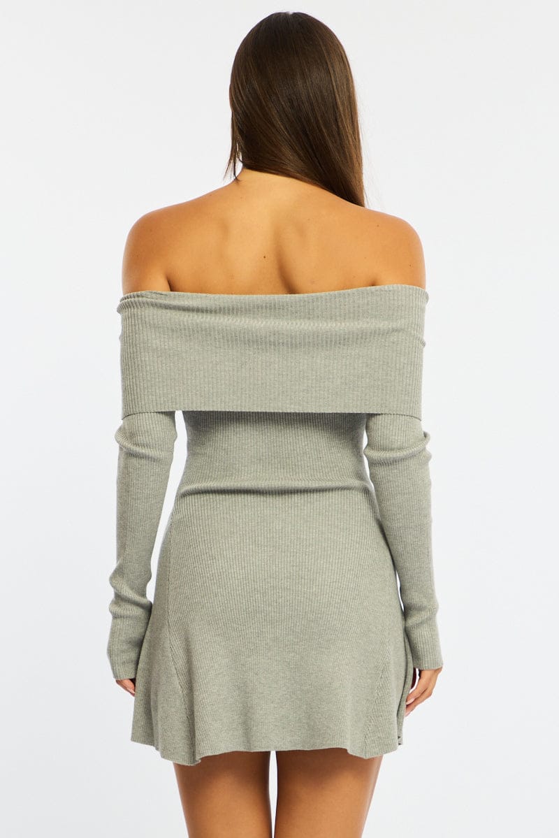 Grey Knit Dress Long Sleeve Off Shoulder