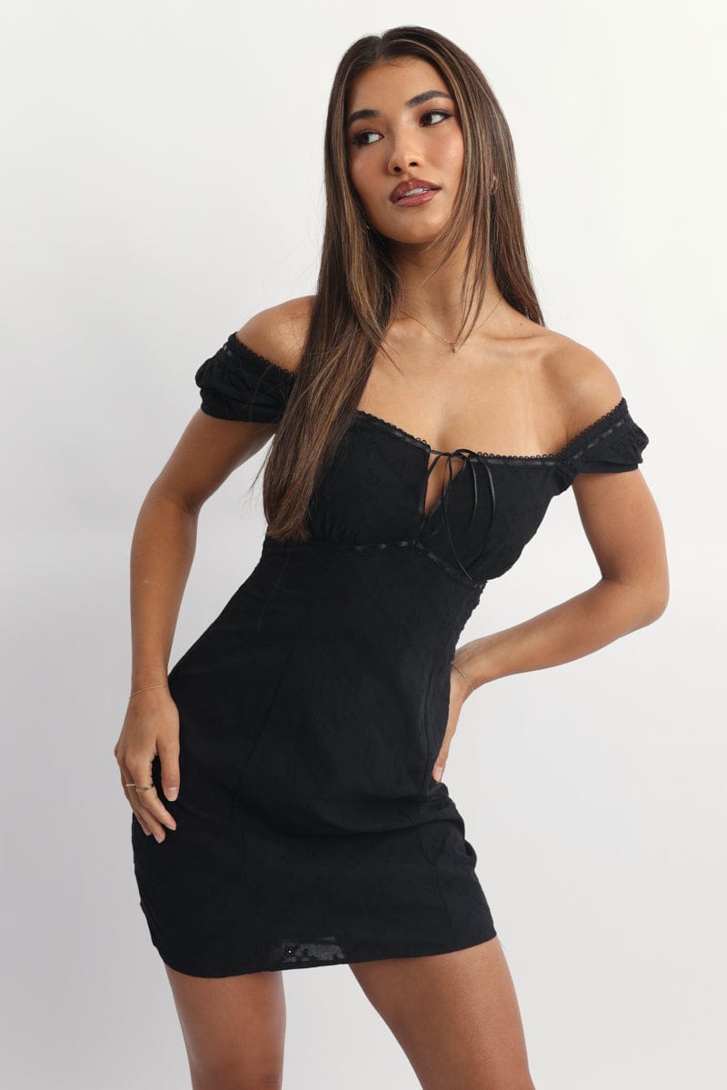 Black Mini Dress Ribbon Eyelet Fabric
