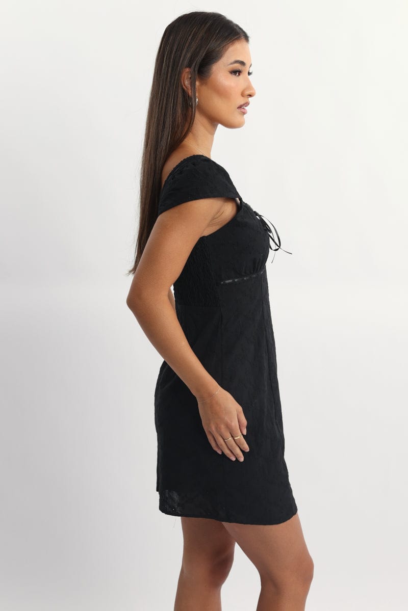 Black Mini Dress Ribbon Eyelet Fabric
