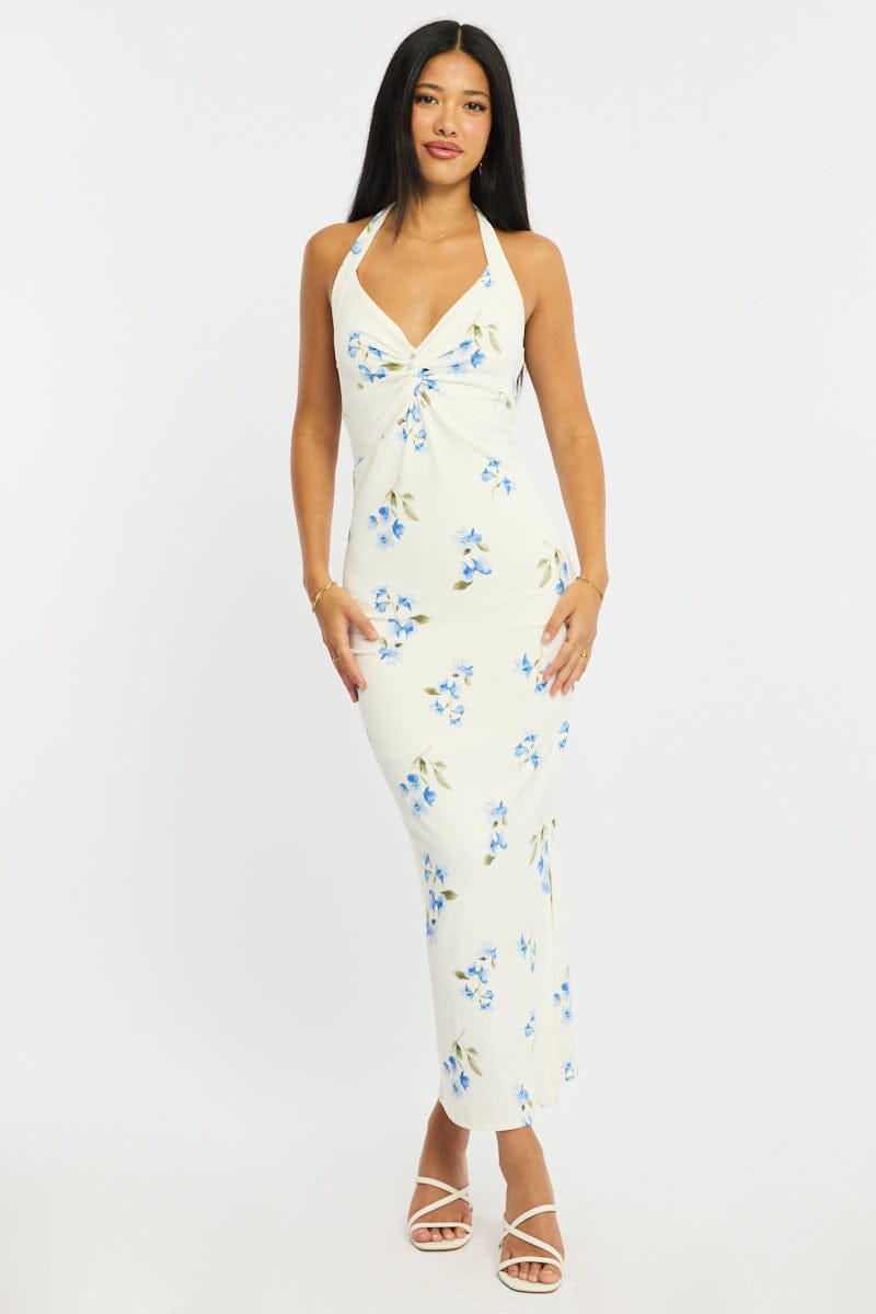 White Floral Bodycon Dress Halter Neck